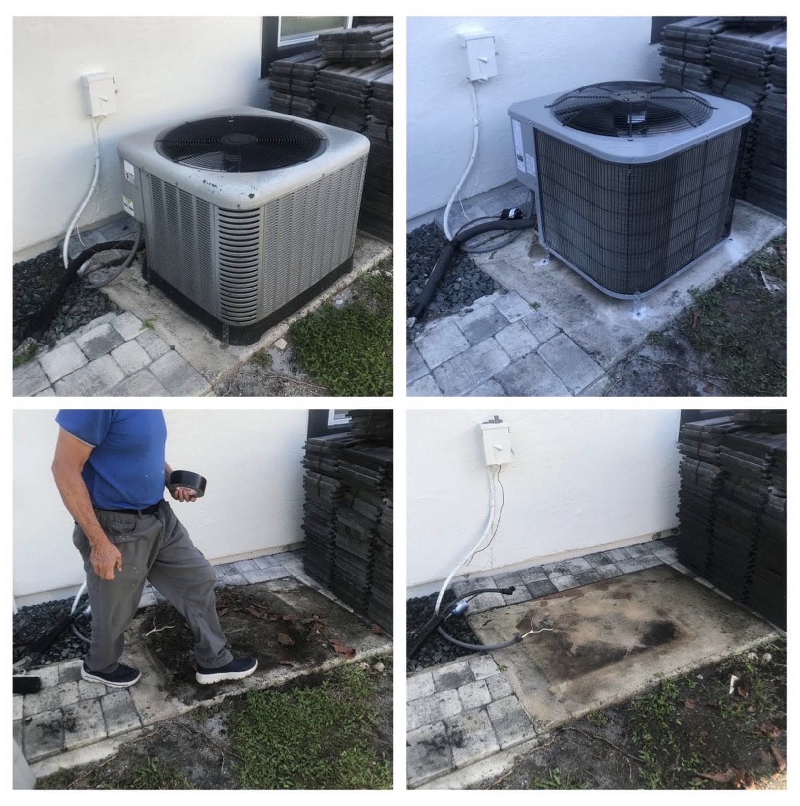 Old A/C condenser removed and new condenser installed on a fresh pad